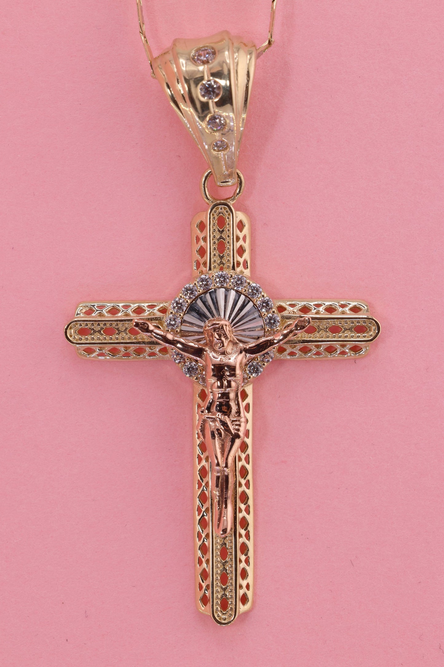 14k Solid Gold Cross Jesus Crucifix Crucifijo Pendant Necklace C