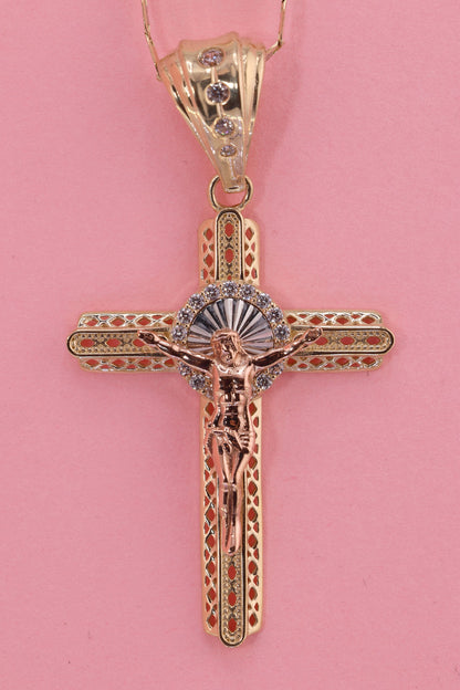 14k Solid Gold Cross Jesus Crucifix Crucifijo Pendant Necklace C