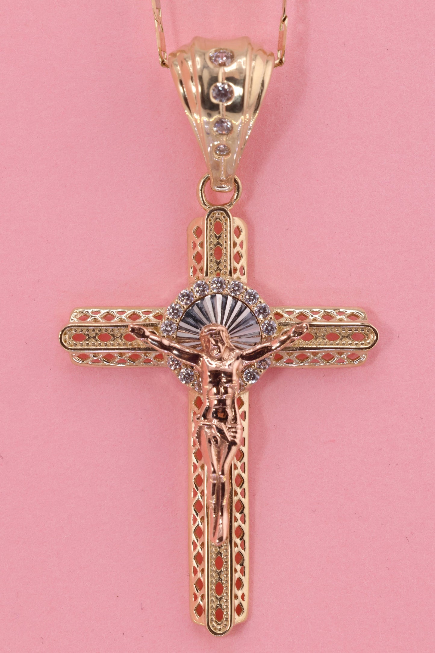 14k Solid Gold Cross Jesus Crucifix Crucifijo Pendant Necklace C