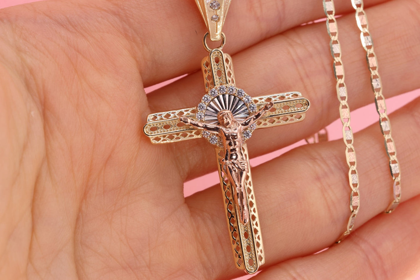 14k Solid Gold Cross Jesus Crucifix Crucifijo Pendant Necklace C