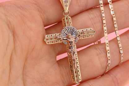 14k Solid Gold Cross Jesus Crucifix Crucifijo Pendant Necklace C