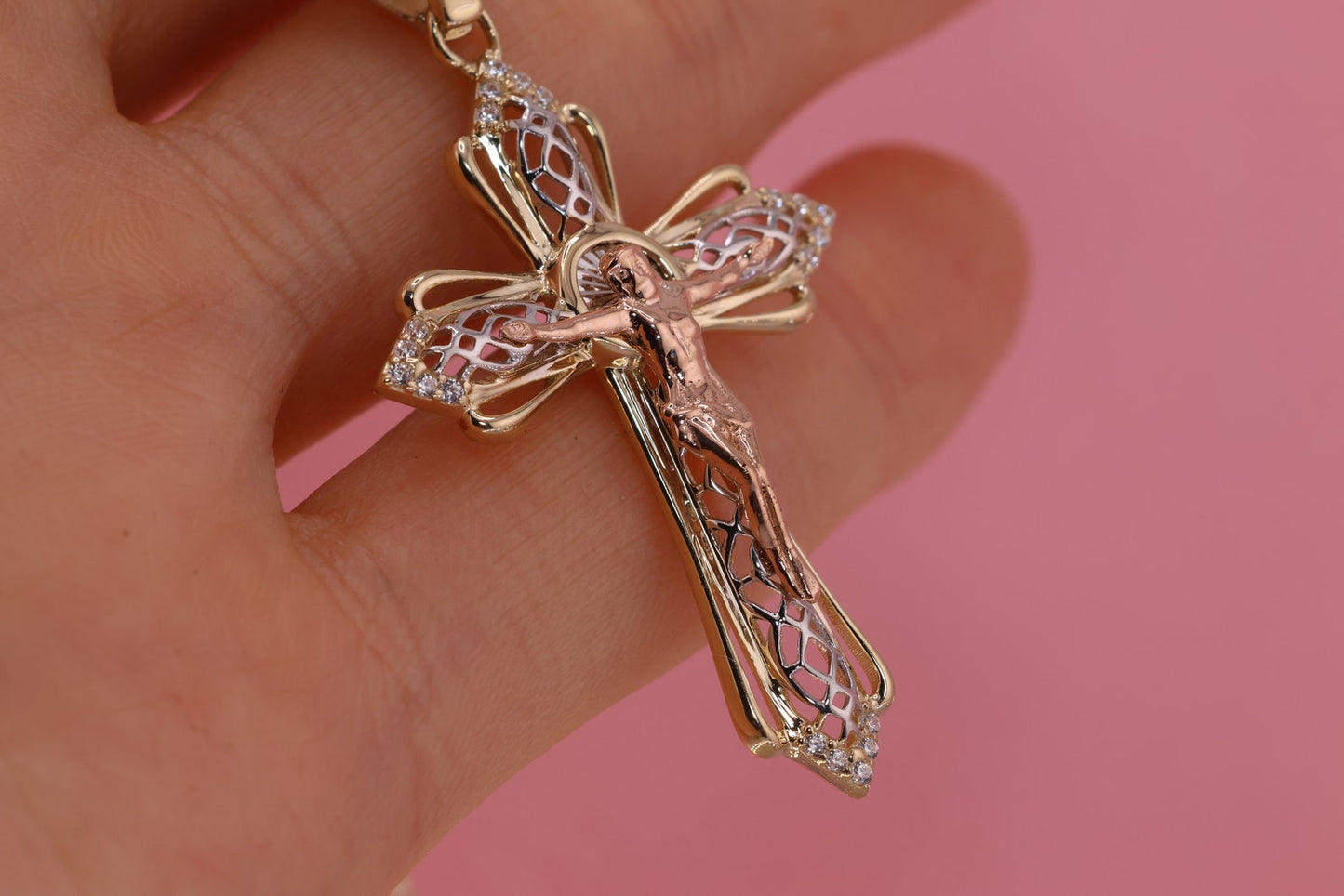 14k Solid Gold Cross Jesus Crucifix Crucifijo Pendant Necklace B