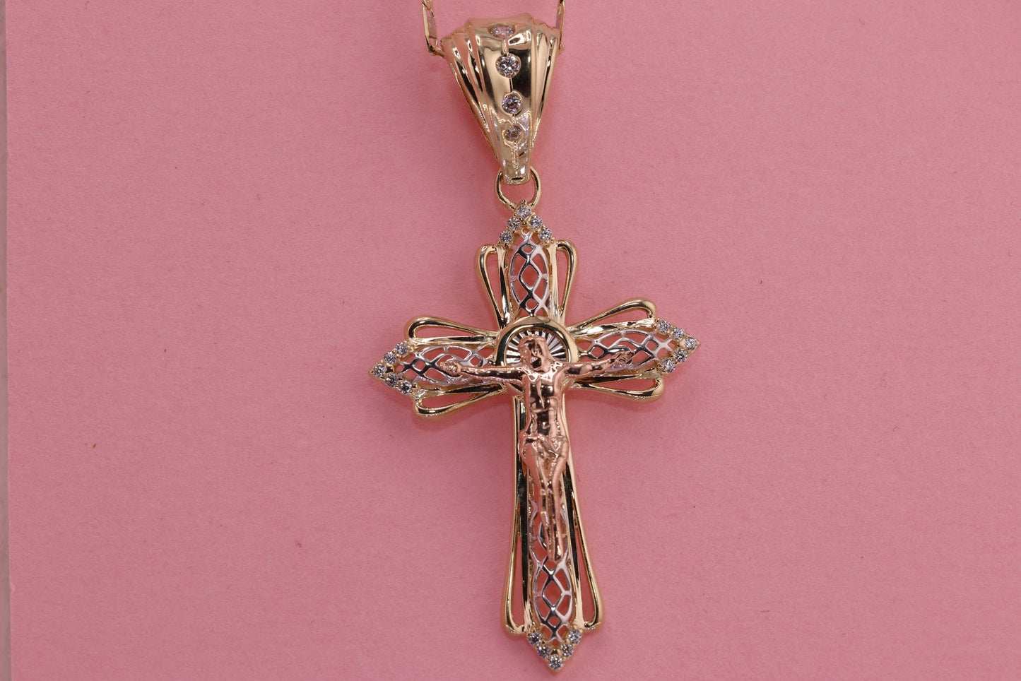 14k Solid Gold Cross Jesus Crucifix Crucifijo Pendant Necklace B