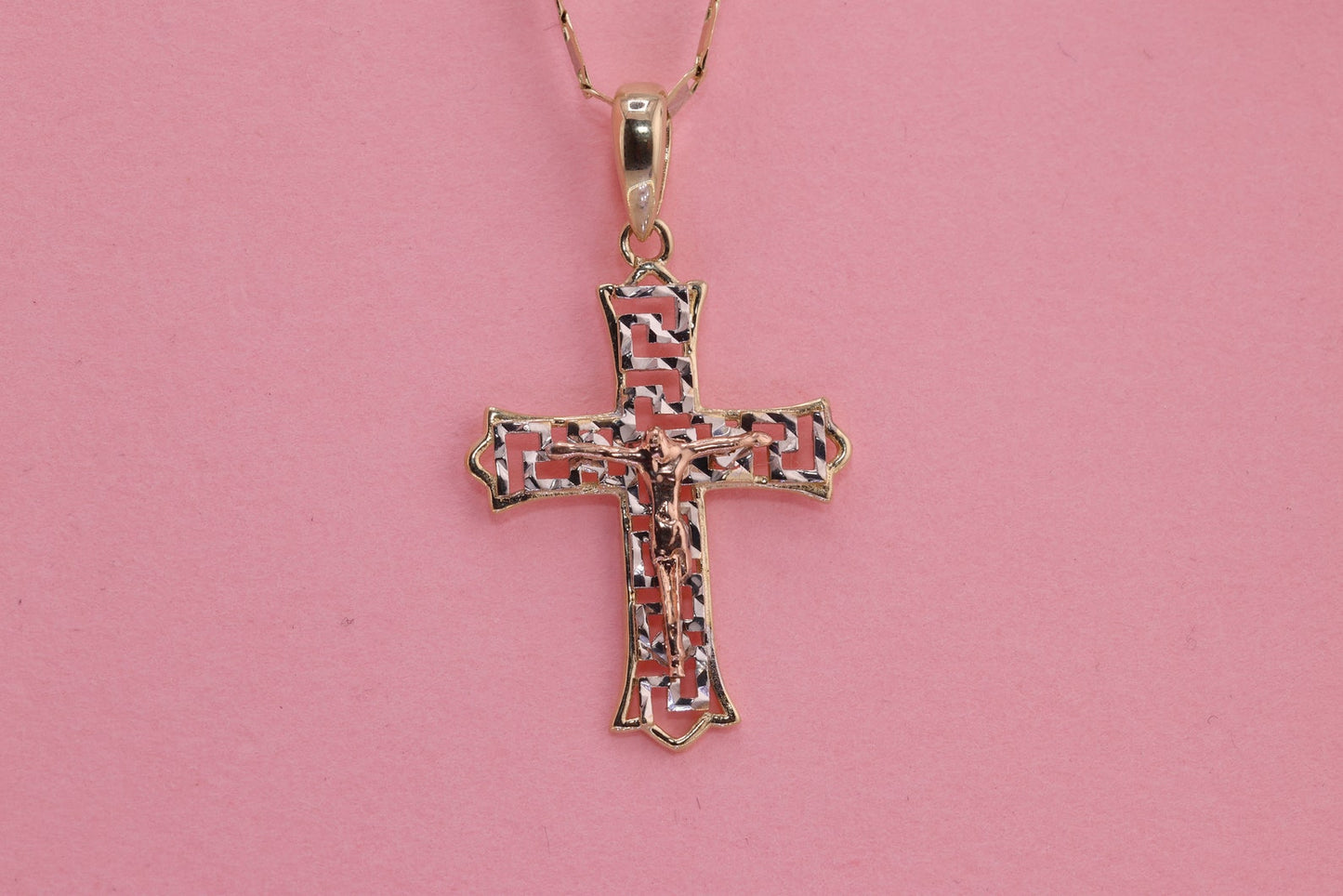 14k Solid Gold Cross Jesus Crucifix Crucifijo Pendant Necklace A