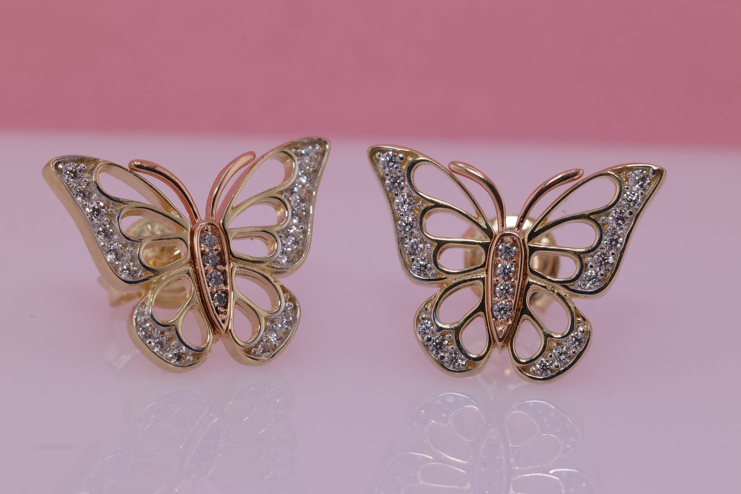 14k Solid Gold Two Tone Color Butterfly Push Back Earrings H