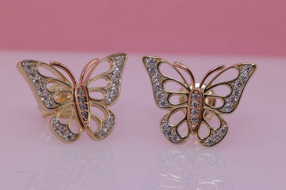 14k Solid Gold Two Tone Color Butterfly Push Back Earrings H