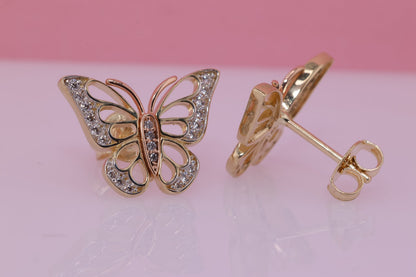 14k Solid Gold Two Tone Color Butterfly Push Back Earrings H