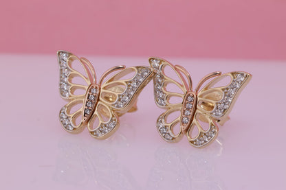 14k Solid Gold Two Tone Color Butterfly Push Back Earrings H