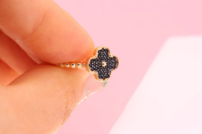 14k Solid Gold Clover Black CZ Beaded Ring