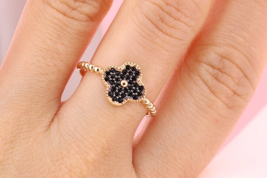 14k Solid Gold Clover Black CZ Beaded Ring