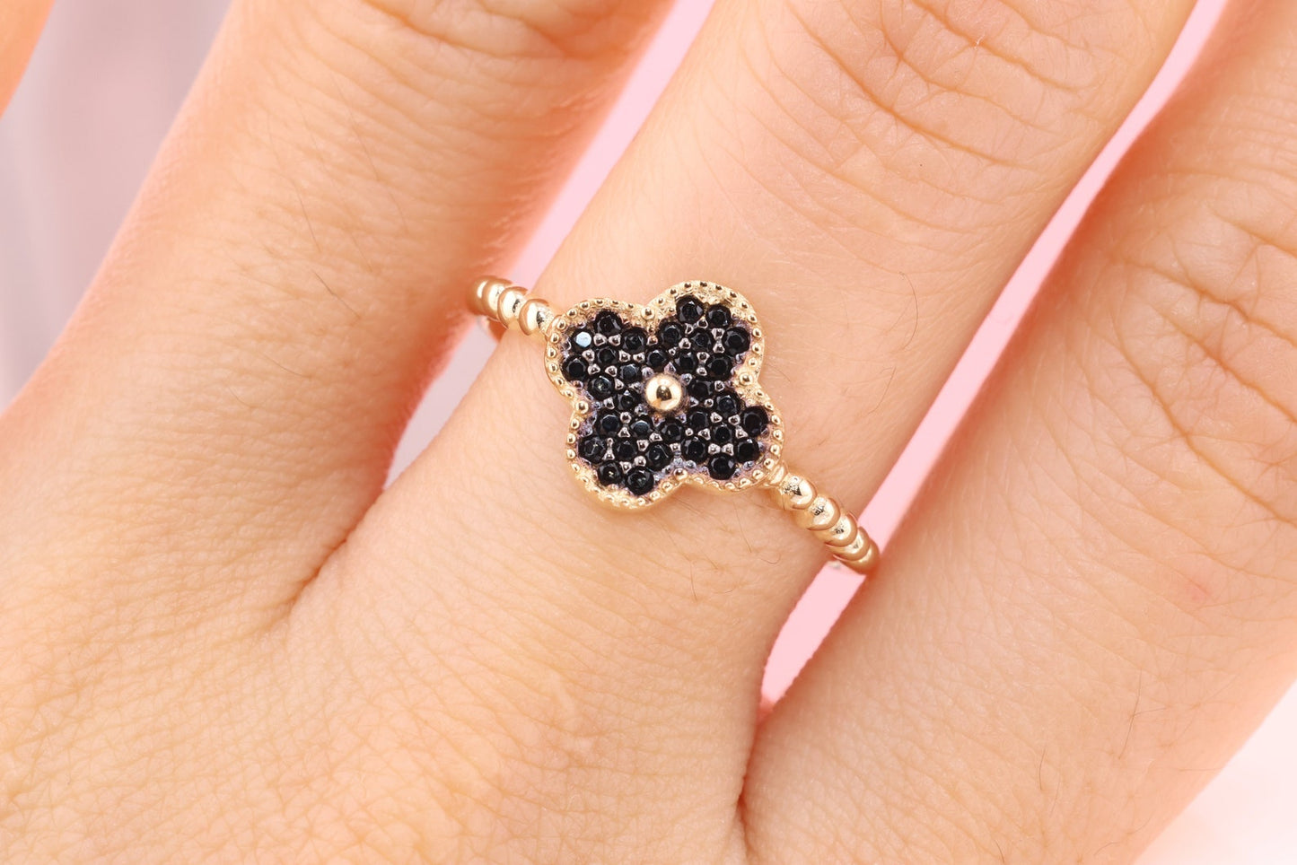 14k Solid Gold Clover Black CZ Beaded Ring