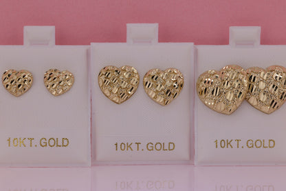 10k Solid Gold Puffy Heart Nugget Stud Push Back Earrings