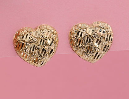 10k Solid Gold Puffy Heart Nugget Stud Push Back Earrings