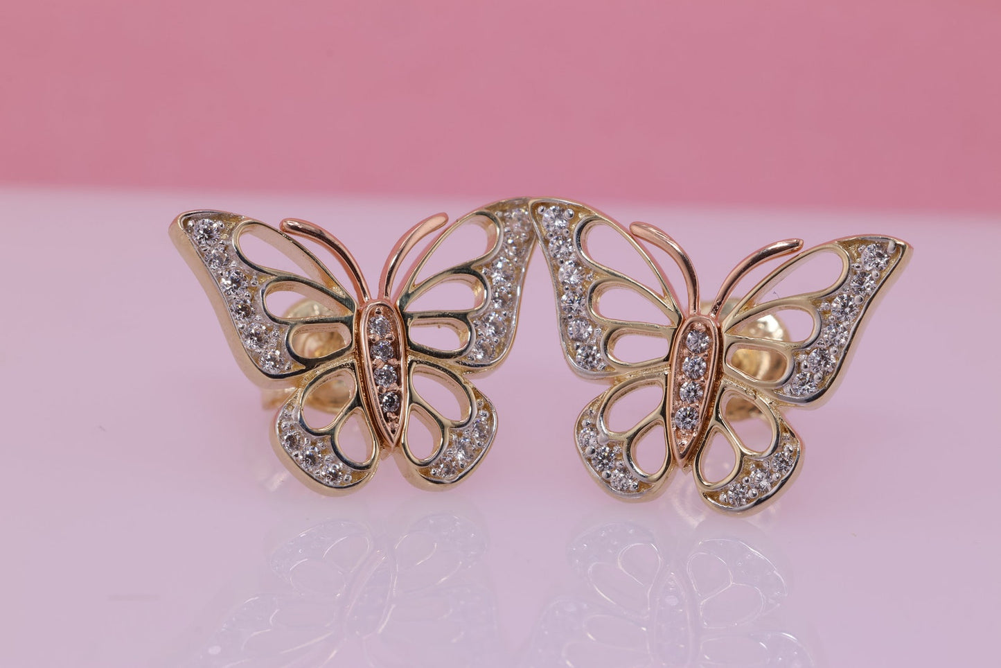 14k Solid Gold Two Tone Color Butterfly Push Back Earrings H