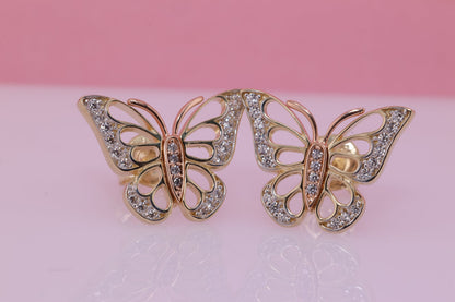 14k Solid Gold Two Tone Color Butterfly Push Back Earrings H