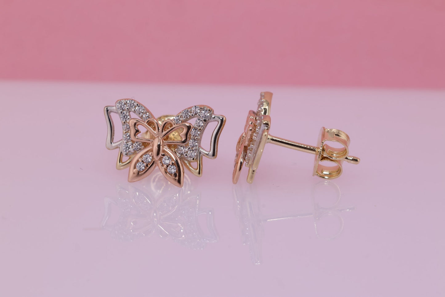 14k Solid Gold Two Tone Color Butterfly Push Back Earrings I