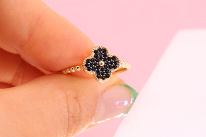 14k Solid Gold Clover Black CZ Beaded Ring