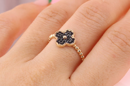 14k Solid Gold Clover Black CZ Beaded Ring