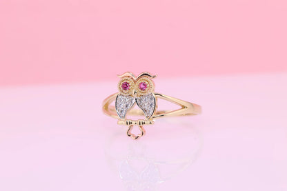 14k Gold Tiny Cute Owl CZ Ring D