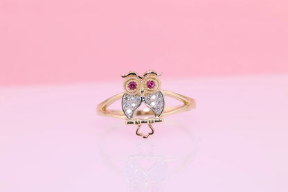 14k Gold Tiny Cute Owl CZ Ring D