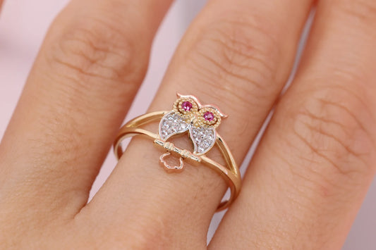 14k Gold Tiny Cute Owl CZ Ring D