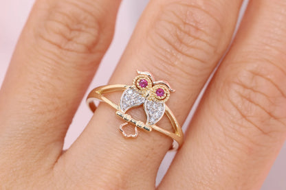 14k Gold Tiny Cute Owl CZ Ring D