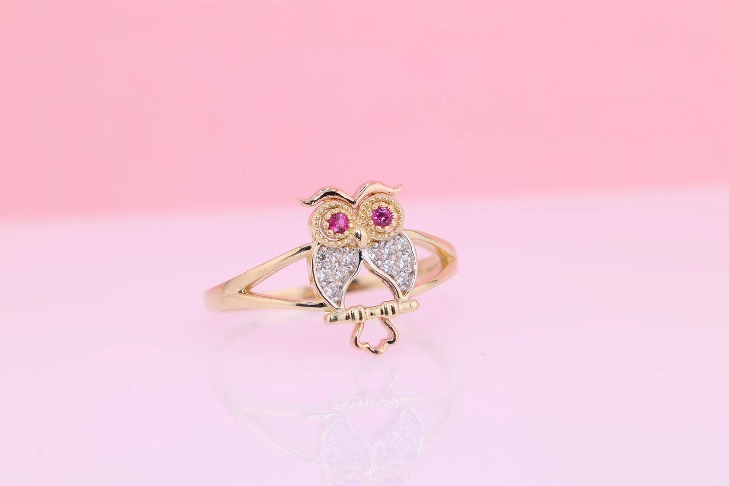 14k Gold Tiny Cute Owl CZ Ring D