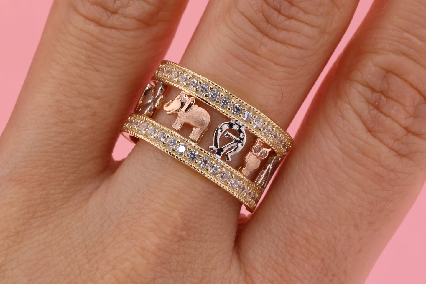 14k Tri Color CZ Elephant Band Ring G