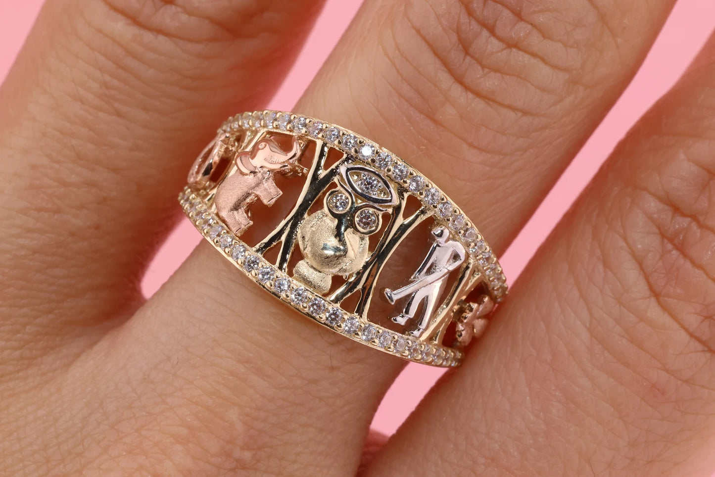 14k Tri Color CZ Elephant Band Ring E