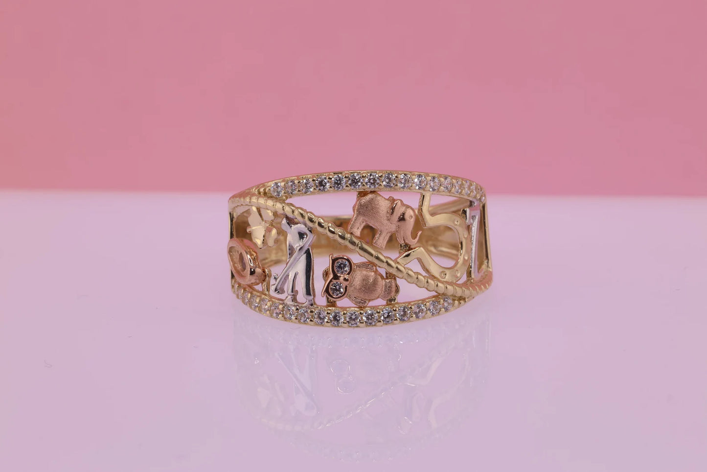 14k Tri Color CZ Elephant Band Ring D