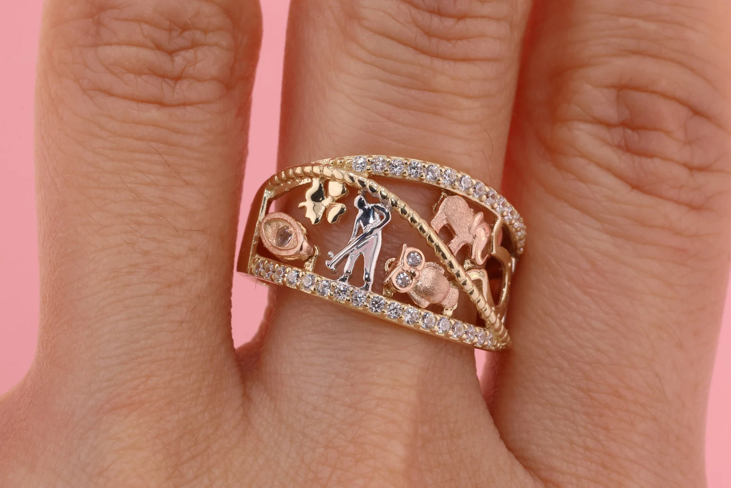 14k Tri Color CZ Elephant Band Ring D