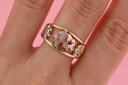 14k Tri Color CZ Elephant Band Ring C