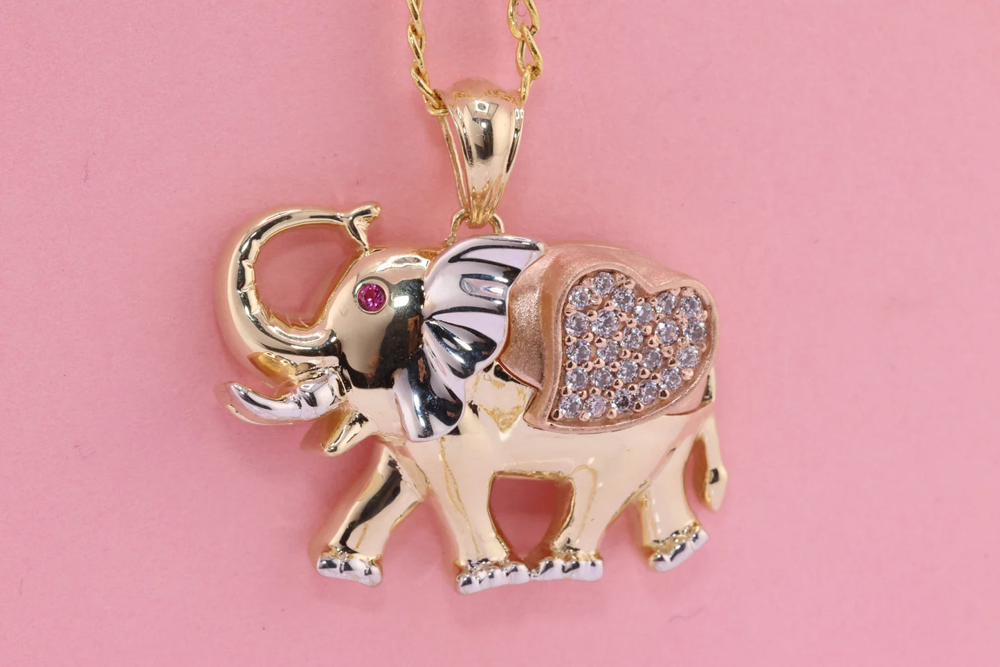 14k Tri Color Cubic Zirconia Elephant Pendant B