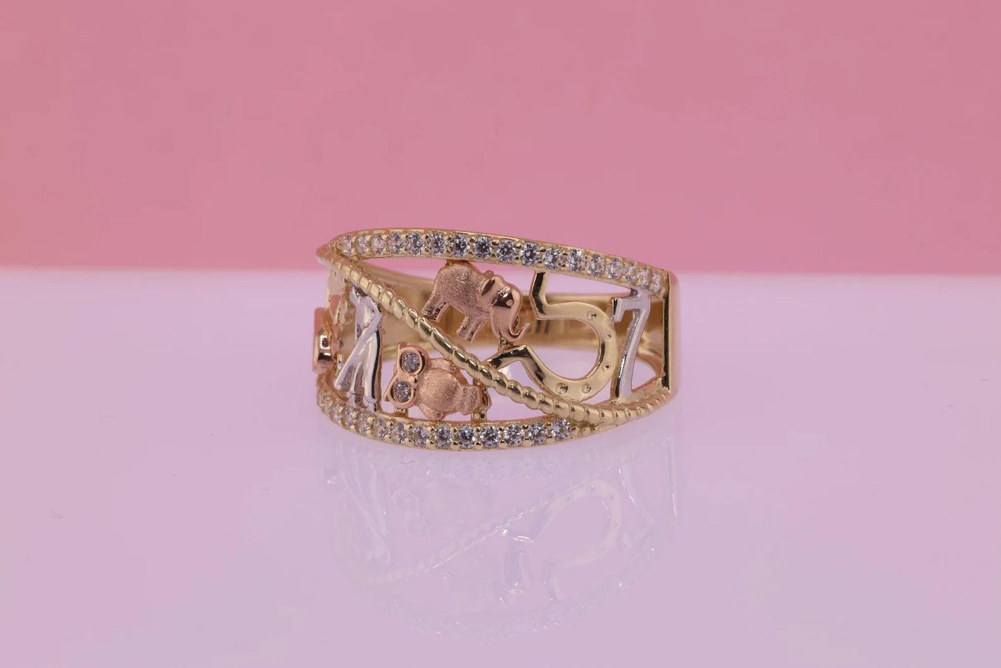 14k Tri Color CZ Elephant Band Ring D