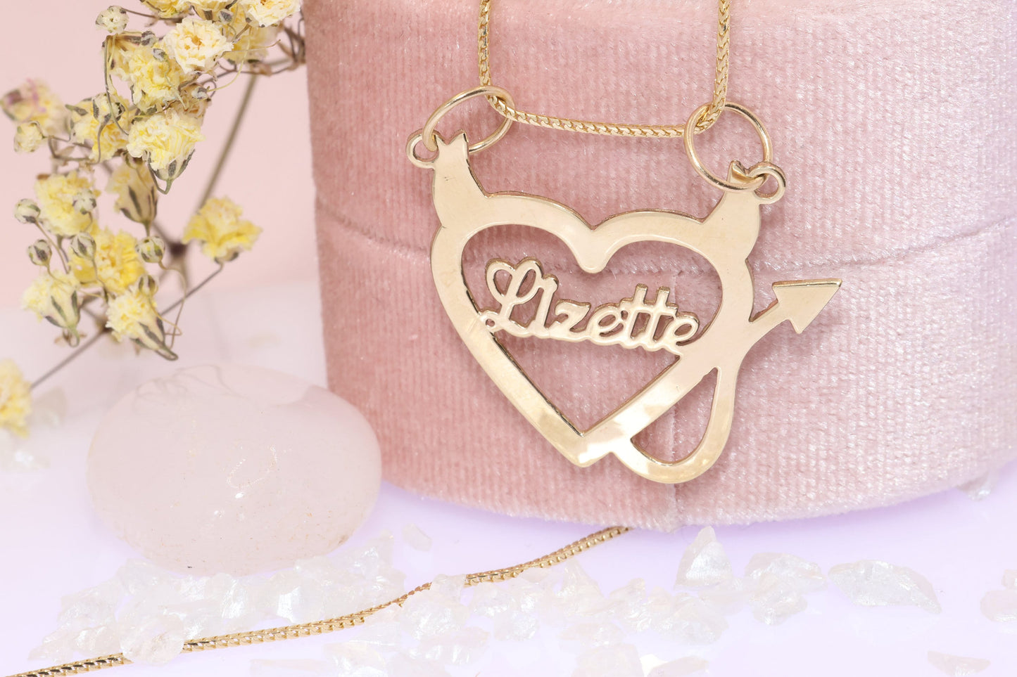 10K or 14K Gold Personalized Name with Devil Heart Pendant A