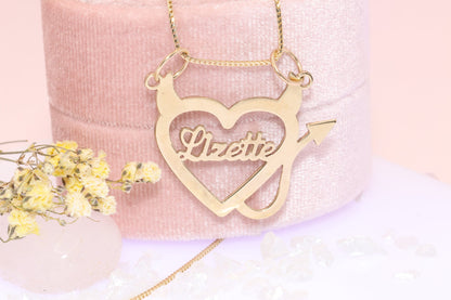 10K or 14K Gold Personalized Name with Devil Heart Pendant A