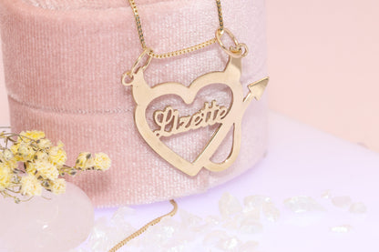 10K or 14K Gold Personalized Name with Devil Heart Pendant A