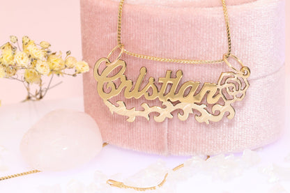 10K or 14K Gold Personalized Name with Rose Pendant B