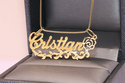 10K or 14K Gold Personalized Name with Rose Pendant B