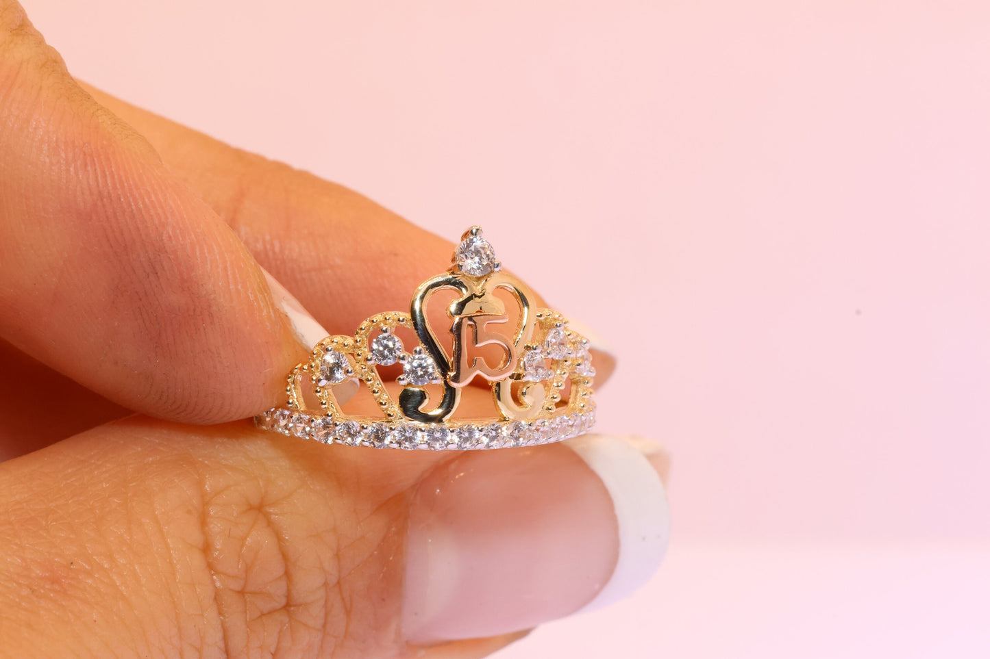 14K Gold 15 Anos Quinceanera Crown Ring QQ