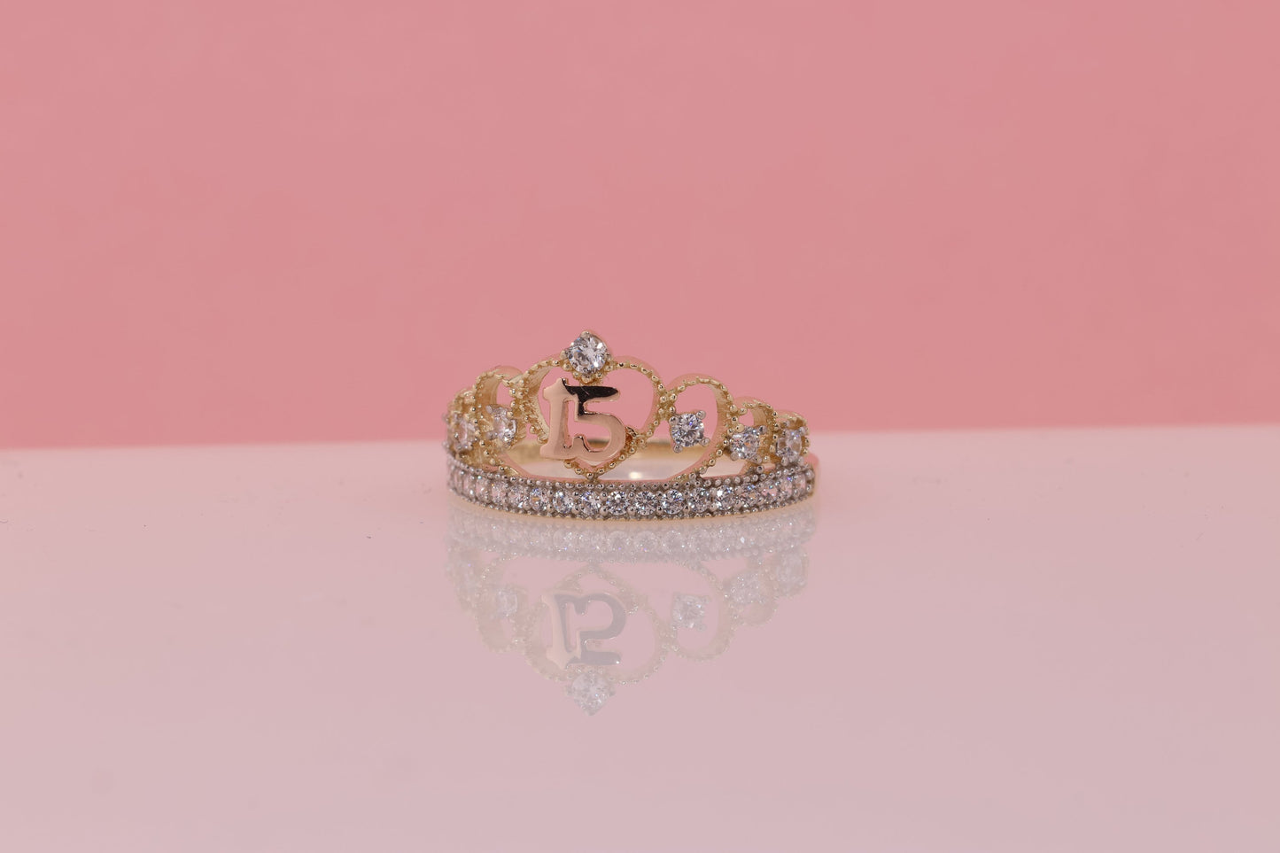 14K Gold 15 Anos Quinceanera Crown Ring SS