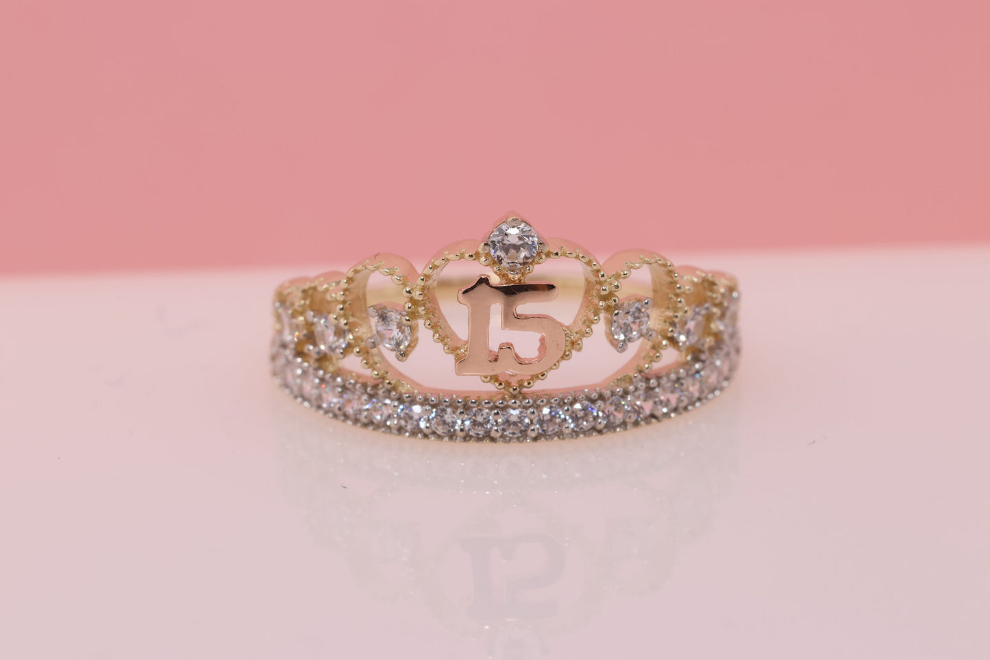 14K Gold 15 Anos Quinceanera Crown Ring SS