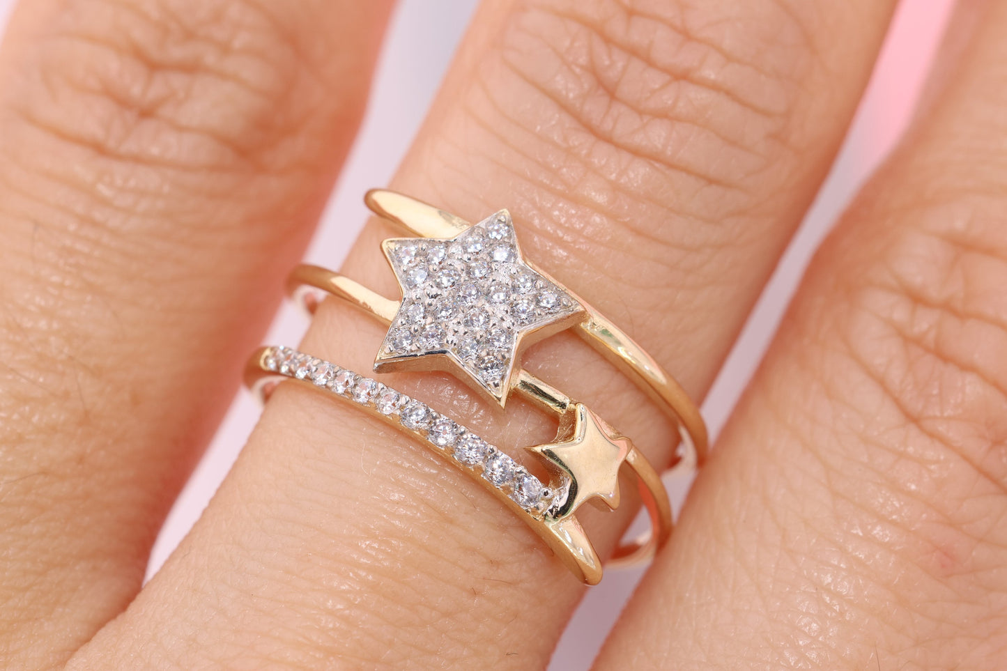 14K Solid Gold CZ Star Stacking Ring