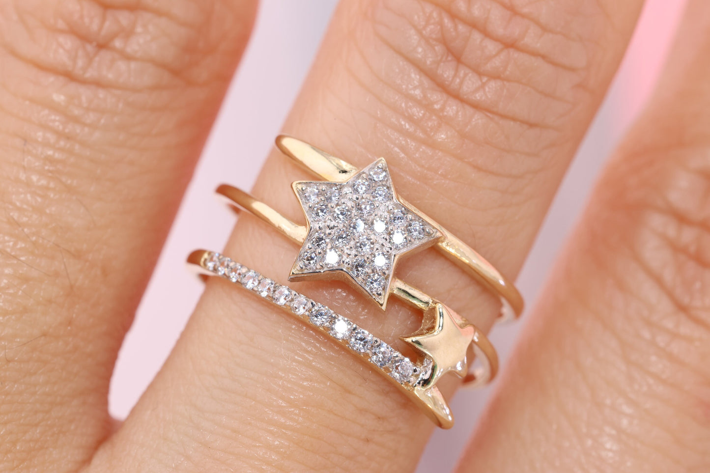 14K Solid Gold CZ Star Stacking Ring