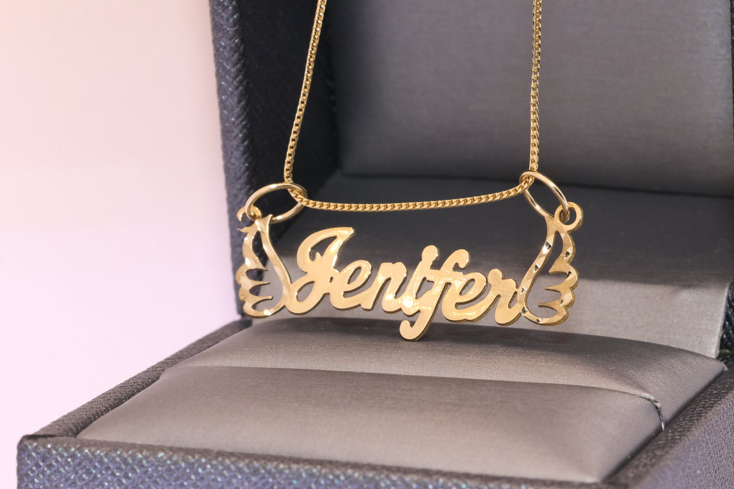 10K or 14K Gold Personalized Name with Angel Wing Pendant