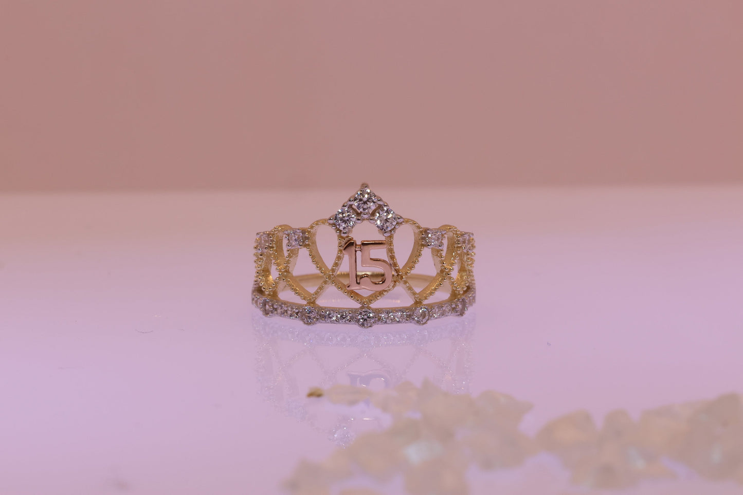 14K Gold 15 Anos Quinceanera Crown Ring GG