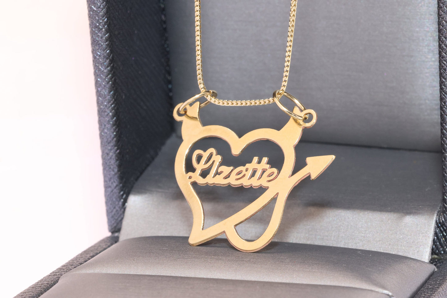 10K or 14K Gold Personalized Name with Devil Heart Pendant B