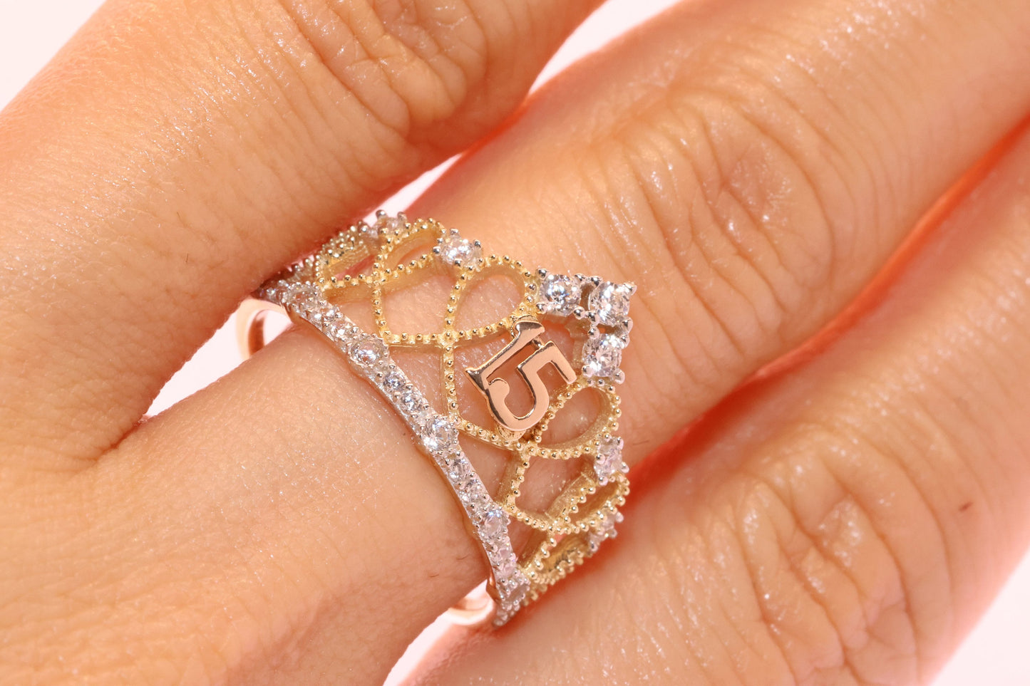 14K Gold 15 Anos Quinceanera Crown Ring GG