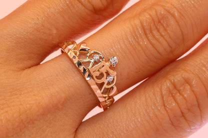 14K Gold 15 Anos Quinceanera Crown Ring TT