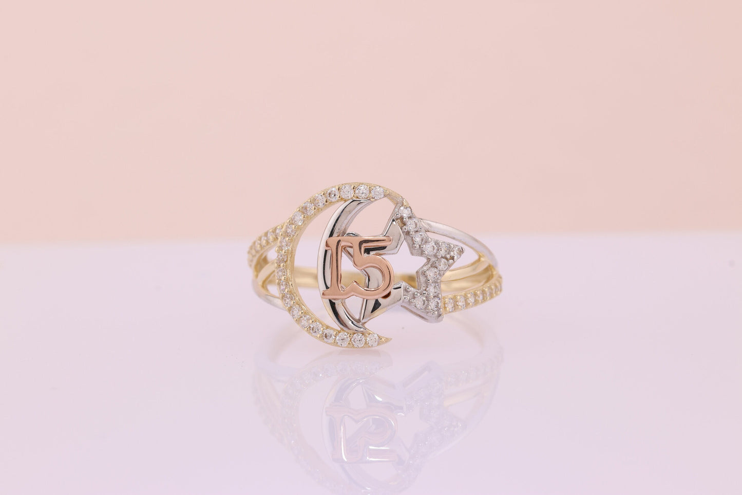 14K Gold 15 Anos Quinceanera Star and Moon Ring A